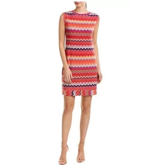 Trina Turk Multi Zinnia Zig Zag Printed Sheath Dress Colorful Capsleeve Retro M - Picture 1 of 12